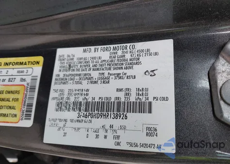2017 Ford Fusion Se z USA, uszkodzony, nr VIN 3FA6P0HD9HR138926
